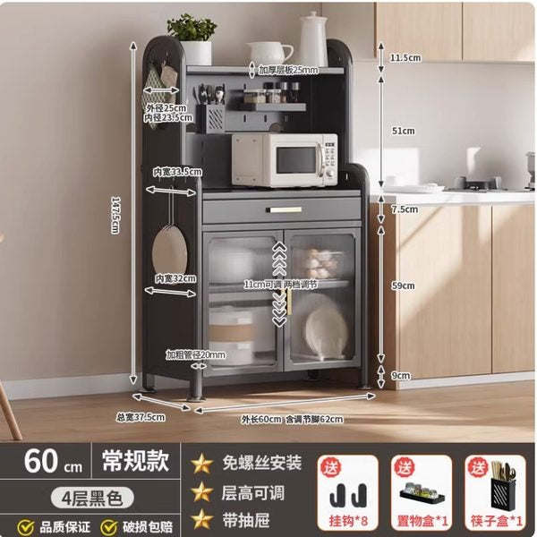 Black 4-layer kitchen storage shelf, 60 cm wide, with a drawer, glass-front cabinet, and open display shelf