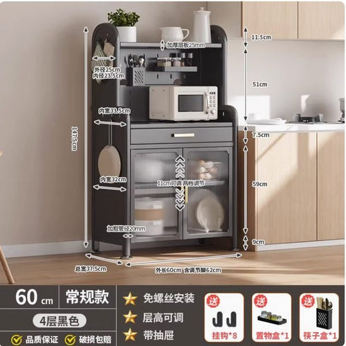 Black 4-layer kitchen storage shelf, 60 cm wide, with a drawer, glass-front cabinet, and open display shelf