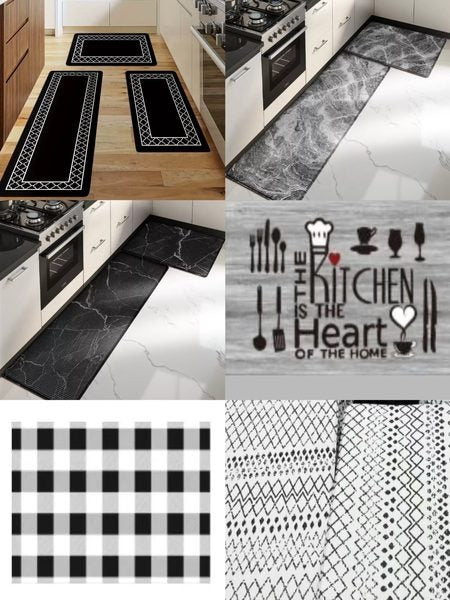PVC kitchen mats in assorted black and white prints, including bordered, marble, gingham, and geometric patterns