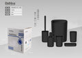 Matte black square six-piece bathroom set with toilet brush, lotion dispenser, tumbler and soap dish, shown beside its Bathlux Bath Series packaging