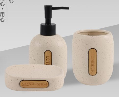 Ceramic 3-piece Set + Bamboo Wood Beige Sand Dots
