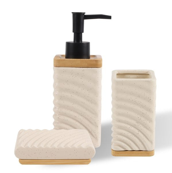 Beige ceramic 3-piece bathroom set with bamboo wood bases and a textured wave pattern: lotion dispenser, tumbler, and soap dish