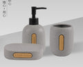 Gray ceramic 3-piece bathroom set with bamboo wood labels: lotion dispenser, tumbler, and soap dish