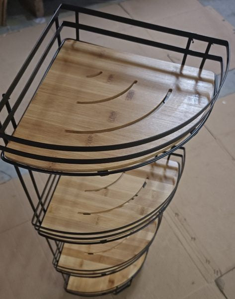 Tiered corner rack with natural wooden shelves and a black metal frame