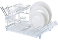 Chrome two-tier dish drying rack holding plates, cups and utensils, with a drainboard tray and cutlery holder