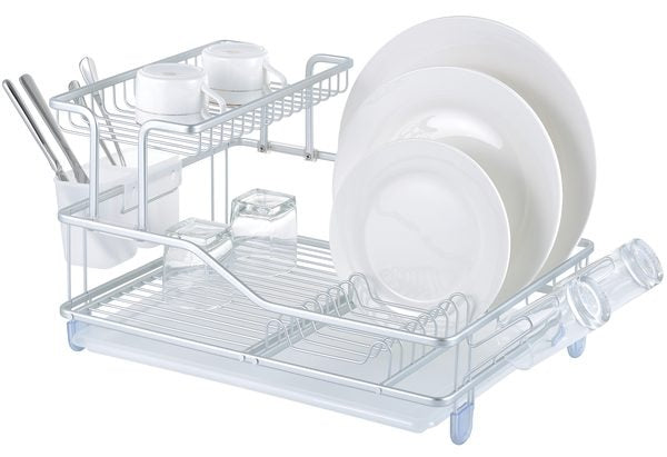 Chrome two-tier dish drying rack holding plates, cups and utensils, with a drainboard tray and cutlery holder