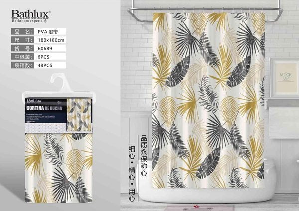 Gray and Yellow Leaf Printed PEVA Shower Curtain 180180
