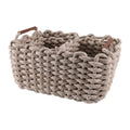 Khaki woven storage baskets with chunky open-weave texture and brown handles