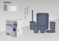 Dark blue square six-piece bathroom set with toilet brush, lotion dispenser, tumbler and soap dish, shown beside its Bathlux Bath Series packaging
