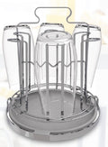Chrome rotating glass drying stand holding drinking glasses upside down on a round base