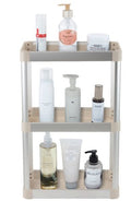 Three-tier beige square storage rack holding skincare bottles and toiletries on each shelf