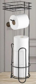 Black wire freestanding tissue holder with a toilet roll on the holder, spare rolls below, and a top storage shelf