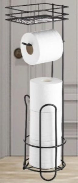Black wire freestanding tissue holder with a toilet roll on the holder, spare rolls below, and a top storage shelf