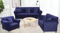 Living room set dressed in navy blue velvet full-wrap sofa covers