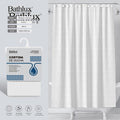 White Bathlux shower curtain, model 61011, shown with packaging and 180 by 180 cm dimensions