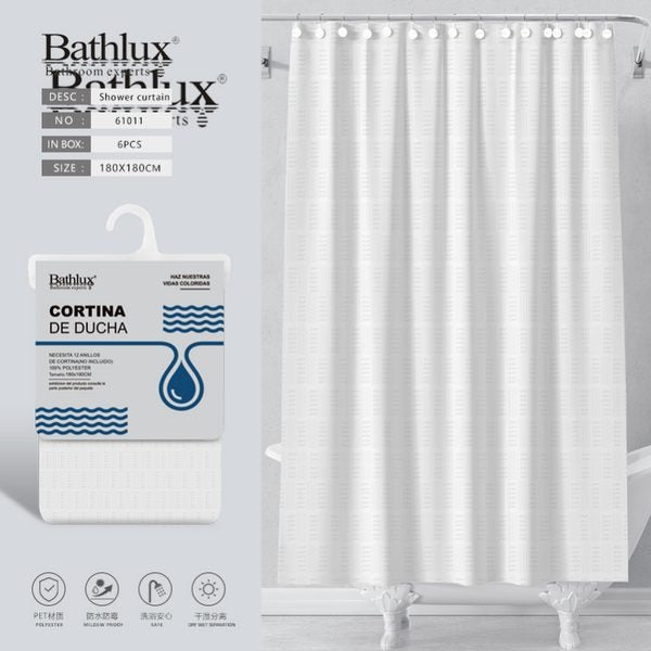 White Bathlux shower curtain, model 61011, shown with packaging and 180 by 180 cm dimensions